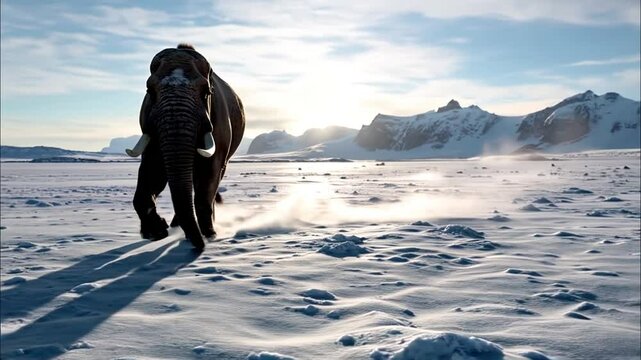 Woolly mammoth walking on a snowy plain with mountains in the background