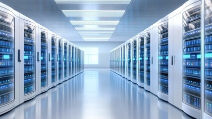 Modern data center with rows of server racks and bright led lights for technology and business infrastructure