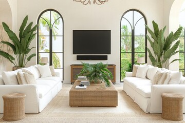 Tropical living room interior design,  sunlit,  two sofas,  palm trees