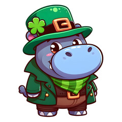 Cartoon-style illustration of a cute hippo dressed as a leprechaun for St. Patrick's Day, wearing a hat and coat, isolated on transparent background