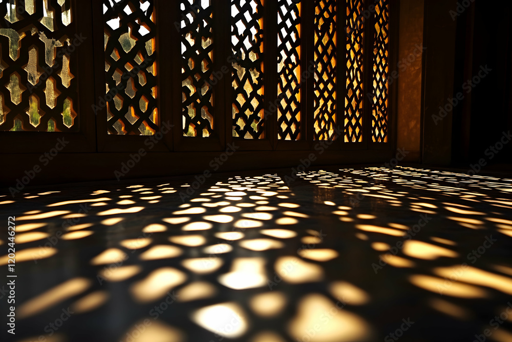 Aufkleber intricate shadows dance on marble floor,illuminated by sunlight filtering through ornate jali screen