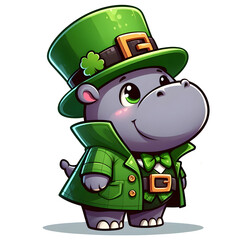 Cartoon-style illustration of a cute hippo dressed as a leprechaun for St. Patrick's Day, wearing a hat and coat, isolated on transparent background