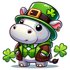Cartoon-style illustration of a cute hippo dressed as a leprechaun for St. Patrick's Day, wearing a hat and coat, isolated on transparent background