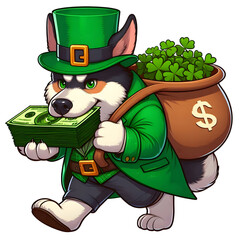Cartoon-style illustration of a Dod dressed as a leprechaun for St. Patrick's Day, wearing a hat and coat, carrying cash in his mouth isolated on transparent background