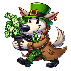 Cartoon-style illustration of a Dod dressed as a leprechaun for St. Patrick's Day, wearing a hat and coat, carrying cash in his mouth isolated on transparent background