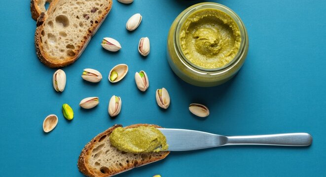 Delicious pistachio spread on toasted bread slices with nuts