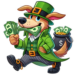 Cartoon-style illustration of a Dod dressed as a leprechaun for St. Patrick's Day, wearing a hat and coat, carrying cash in his mouth isolated on transparent background