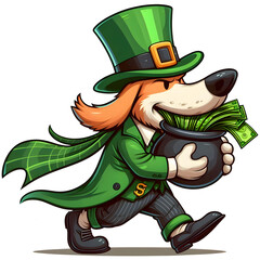 Cartoon-style illustration of a Dod dressed as a leprechaun for St. Patrick's Day, wearing a hat and coat, carrying cash in his mouth isolated on transparent background