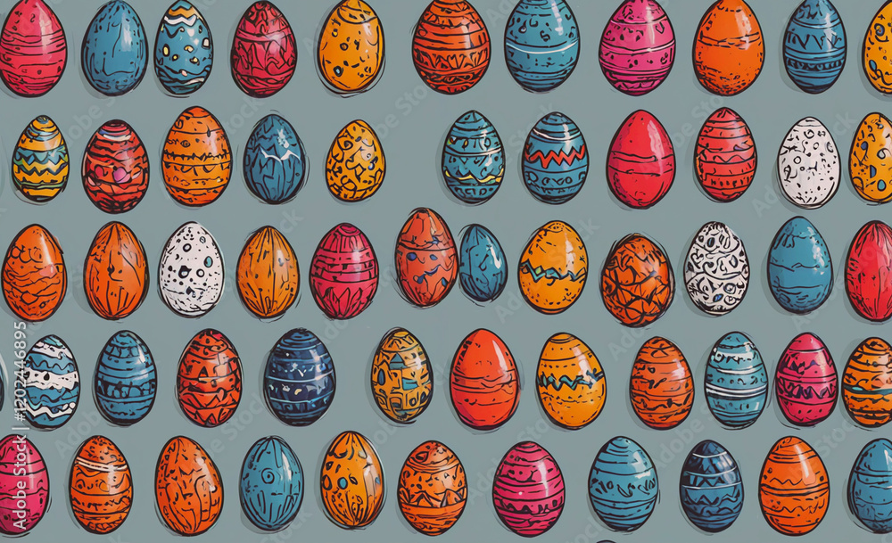 Aufkleber A colorful drawing of many different colored eggs. The eggs are all different sizes and colors, and they are arranged in a pattern. Scene is cheerful and playful, as the eggs are often associated with