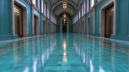 Majestic turquoise hall adorned with elaborate decorations during Ramadan celebration