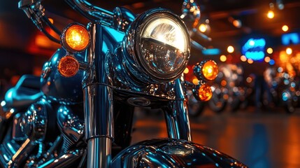 Fototapeta premium Close up of retro motorbike with lights on