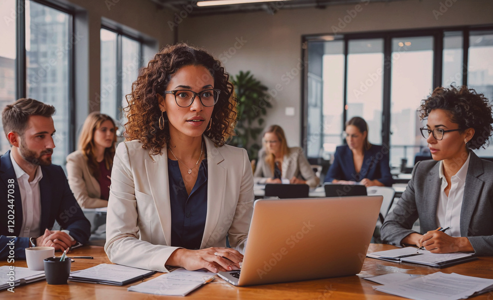 Poster a woman in a business suit is typing on a laptop in front of a group of people. the atmosphere seems