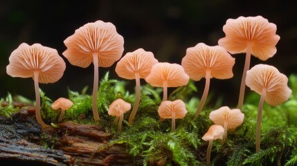 Peach mushrooms cluster on mossy log, forest background, nature photography
