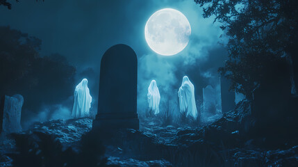 Obraz premium A hauntingly beautiful scene of ethereal ghosts in a mystical graveyard, illuminated by soft lantern light under a moonlit sky. Mystical Moonlit Scene. Illustration