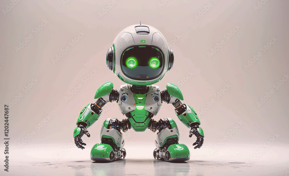 Poster a green robot with a white face stands in front of a white background. the robot has a creepy, menac