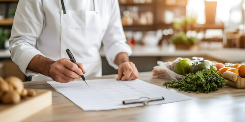 Chef reviewing menu or inventory in a restaurant kitchen. Fresh produce visible nearby.