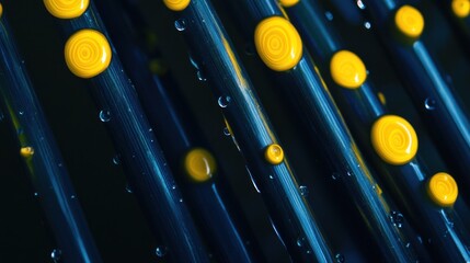 Abstract design of dark tubes with yellow circles and water droplets.  Possible use Background for technology or science themed content