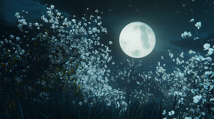 Fototapeta premium Blossoms, moonlit night, glowing softly create a mystical scene under the stars. Mystical Moonlit Scene. Illustration