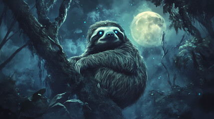 Dark fantasy sloth creature bioluminescent markings mystical forest backdrop ethereal fog moonlit scene intricate detail digital painting style. Mystical Moonlit Scene. Illustration