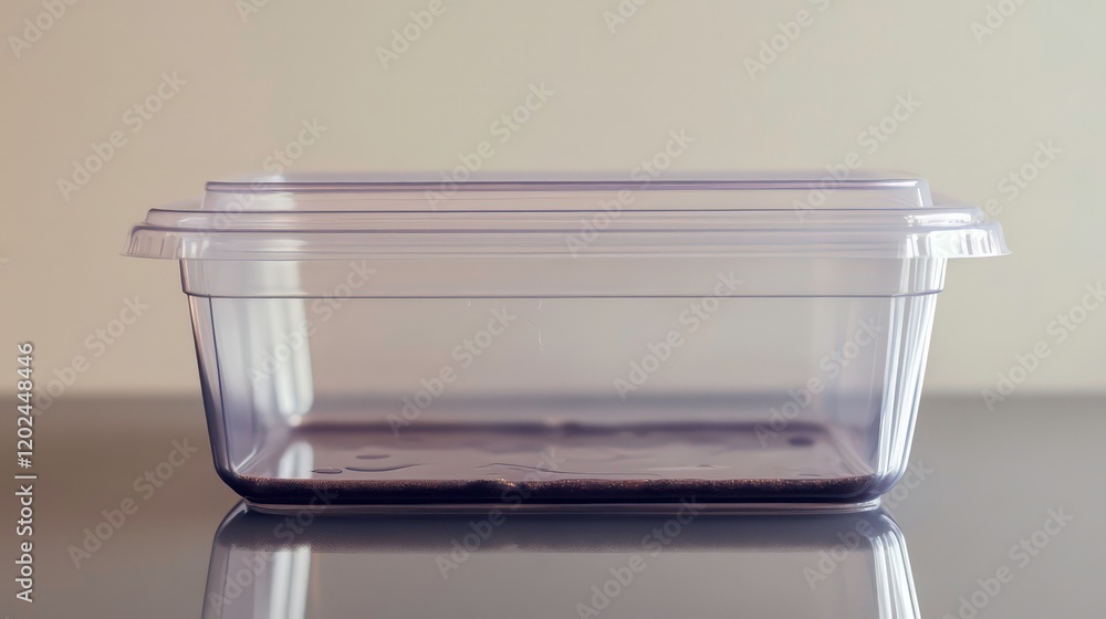 Poster empty clear plastic food container with remnants of dark liquid at the bottom on a reflective surfac