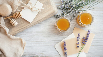 Flat lay of handcrafted souvenirs on vintage wooden table with honey and lavender