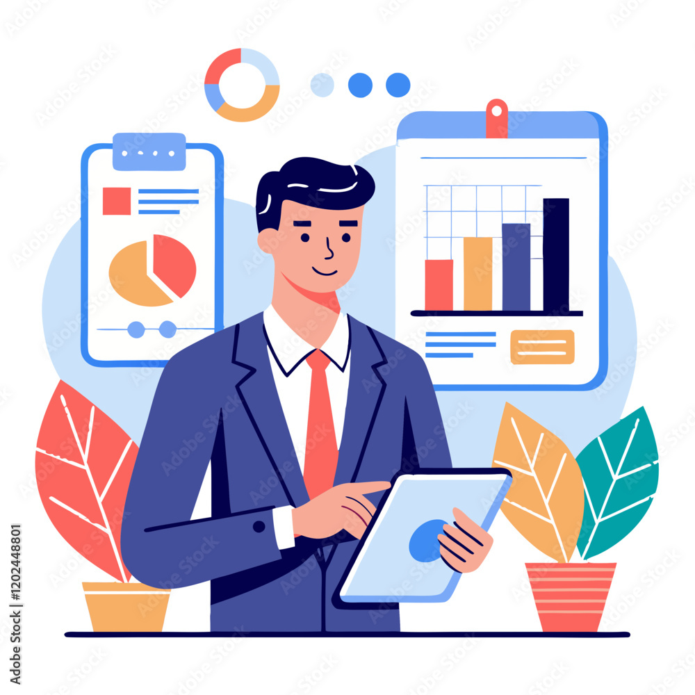 Poster a sales manager dressed in a suit analyzes comprehensive sales data on a tablet, surrounded by visua
