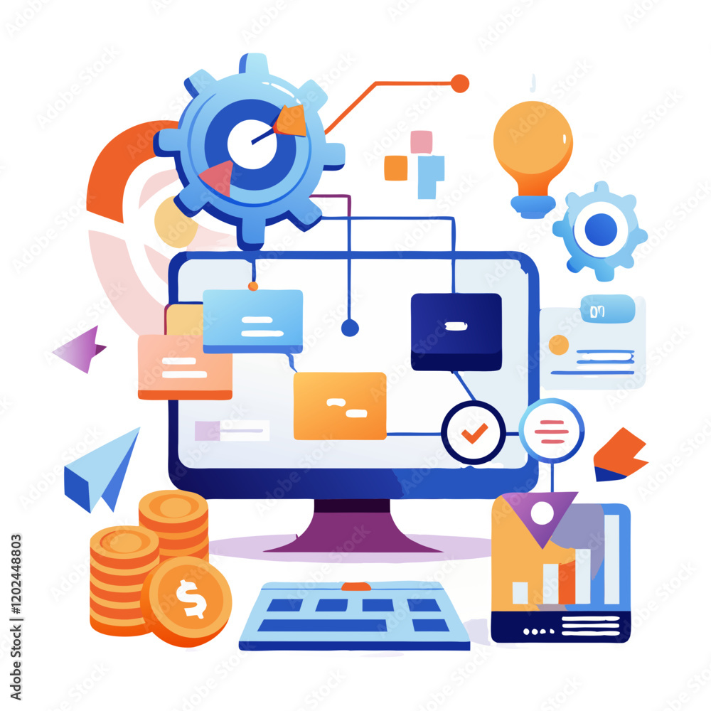 Poster a smooth digital interface features various project management tools, charts, and icons, showcasing 