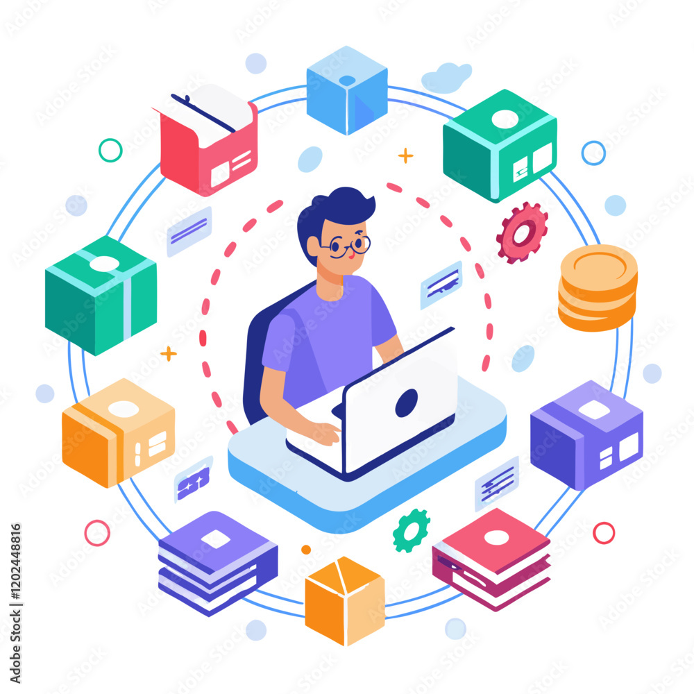 Poster a person is seated at a desk with a laptop, surrounded by colorful icons representing various tasks 