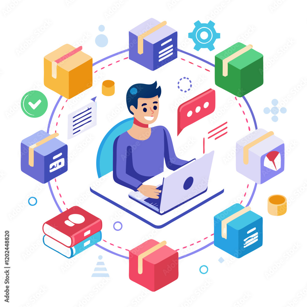 Poster a digital workspace is illustrated with a person utilizing a laptop while surrounded by colorful tas