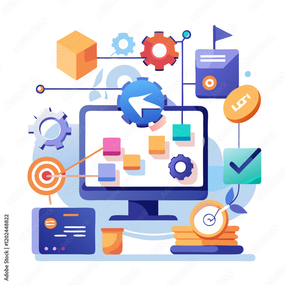 Poster a smooth digital interface showcases various project management tasks with colorful icons, gears, an