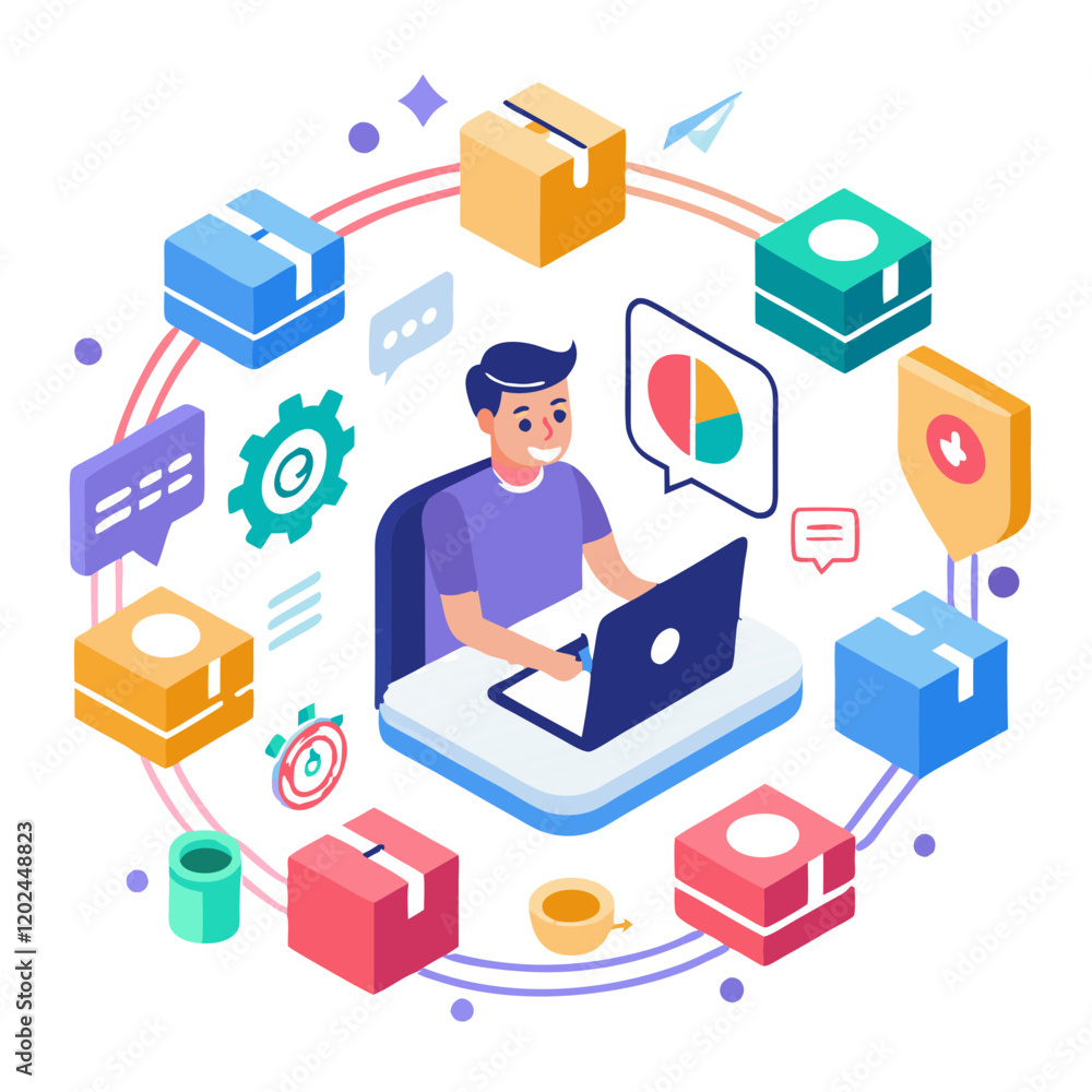 Poster a person works on a laptop surrounded by colorful icons representing various project management tool
