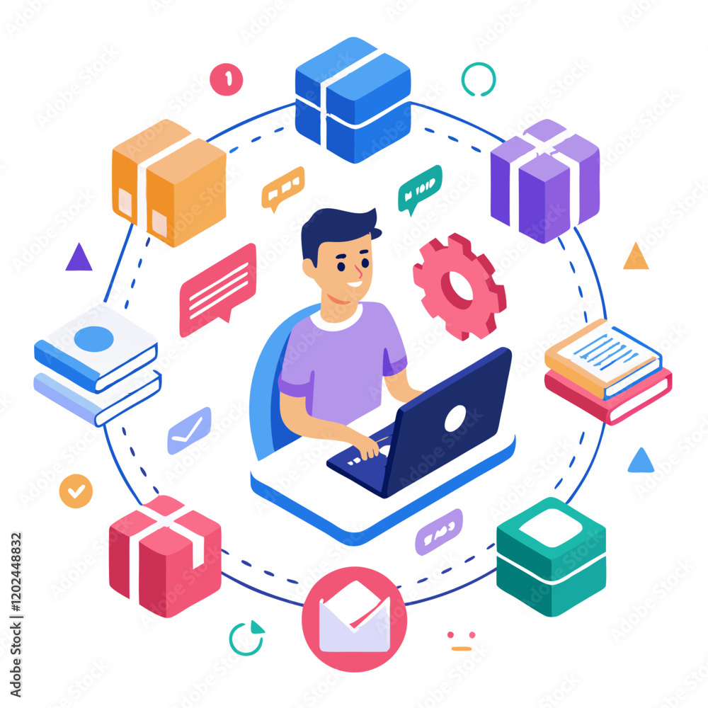 Poster a user engages with a laptop, managing various tasks and projects through a digital interface. surro