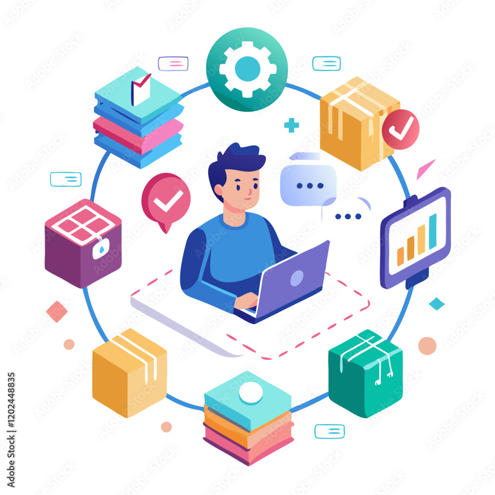 Poster a person works on a laptop surrounded by icons representing tasks, progress, and organization. the d