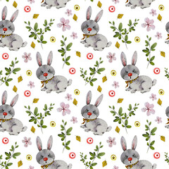 Pattern with rabbits and flowers . Watercolor.