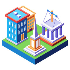 Obraz premium A detailed scale model represents different architectural styles, including a church spire and government building, placed next to a digital rendering of construction activities