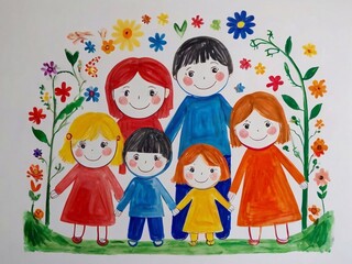 children's drawing on the theme of family, drawn with colored pencils and paints