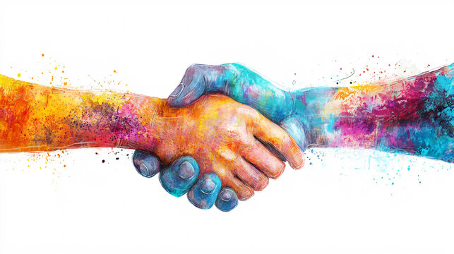 two hands shaking covered in colorful paint splashes symbolizing unity diversity and collaboration with a vibrant artistic expression
