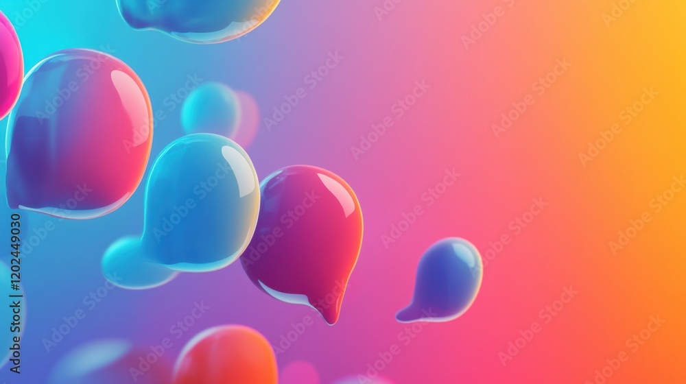 Poster colorful abstract bubbles floating against a vibrant gradient background in a digital artwork displa
