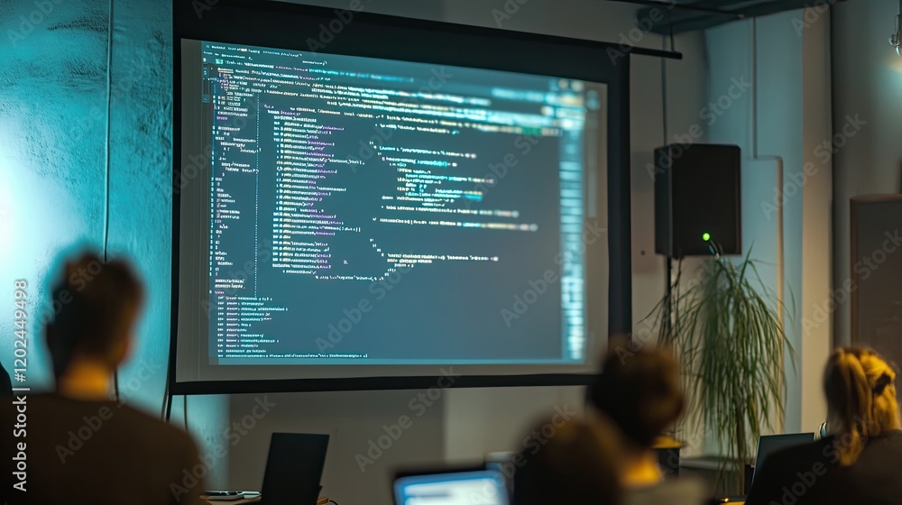 Poster screen displays complex code in modern workspace, highlighting c