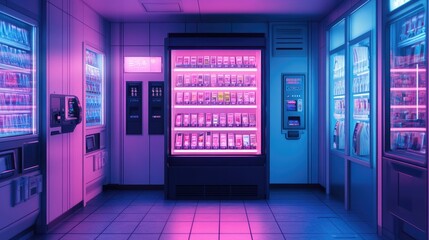Neon-lit vending machine room exudes retro-futuristic atmosphere