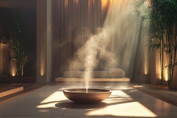 Obraz premium Serene space featuring bowl emitting steam, illuminated by warm