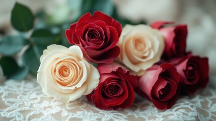 Fototapeta premium Red and cream roses bouquet on lace, romantic background, wedding decor