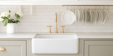 Modern farmhouse kitchen sink with gold fixtures and white subway tile backsplash. Plates hang overhead.