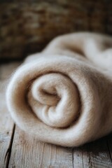 Soft beige blanket elegantly rolled, resting on rustic wooden su