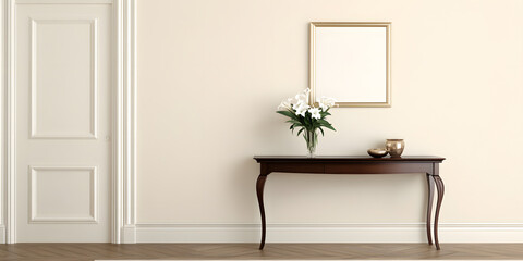 Elegant console table with white flowers and a framed picture in a classic interior.