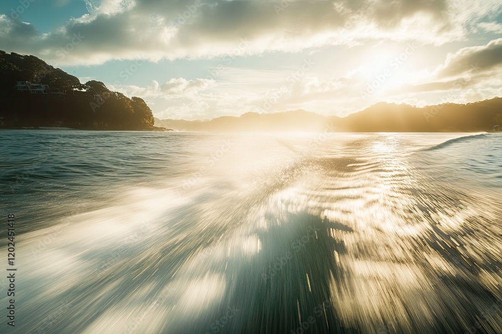 Poster dynamic scene of watercraft speeding through shimmering waves at