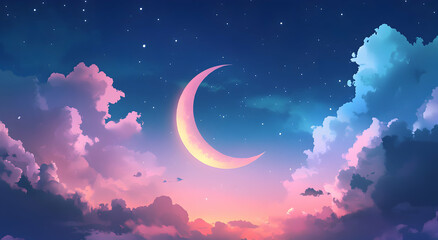 Crescent Moon over Dreamy Cloudscape: A Night Sky Masterpiece