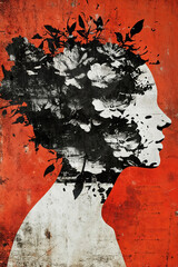 A woman's face is painted with flowers and leaves. Illustration. Double exposure