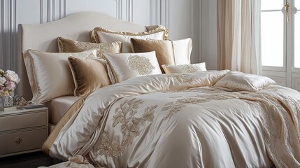 An elegant bedroom with soft champagne-colored layered bedding