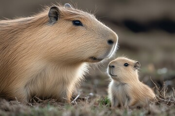 Fototapeta premium Enjoying moments of warmth and tenderness, capybara and baby animals share a bond in a tranquil outdoor setting, highlighting the beauty of nature and animal interaction